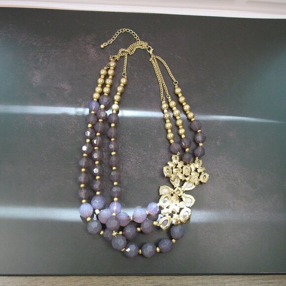 VTG Inspired 3 Strand Statement Necklace with Large 3D Offset Sparkling Flower - Picture 7 of 9